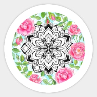 Pink Roses and Mandalas on Sky Blue Lace Sticker